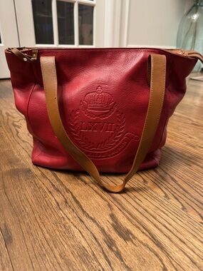 Lauren Ralph Lauren Red Leather Crest Tote Bag Large LXLII Heritage Logo Zip Top
